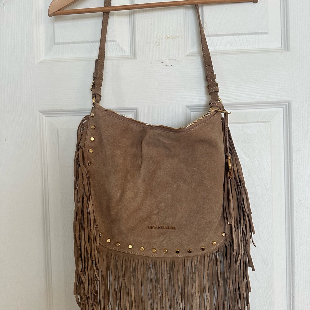 NWT Michael Kors designer boho tan suede hobo bag with fringe & studs